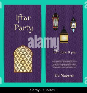 Vector Ramadan Iftar party invitation card template with lanterns and window with arabic patterns Stock Vector