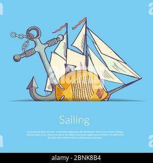 Vector sketched colored sea elements Stock Vector