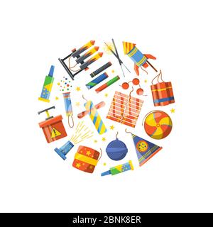 Vector cartoon pyrotechnics gathered in circle illustration Stock Vector