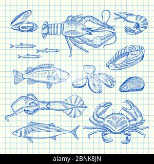 Vector hand drawn seafood elements set Stock Vector