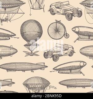 Vector pattern with steampunk hand drawn airships, Stock Vector