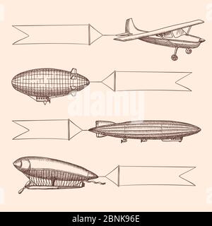 Vector set of steampunk hand drawn vintage dirigibles and airplane with hanging wide ribbons for text Stock Vector