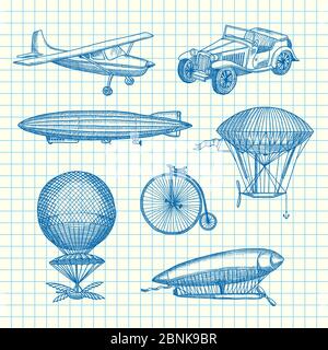 Vector set of steampunk hand drawn dirigibles, bicycles and cars Stock Vector
