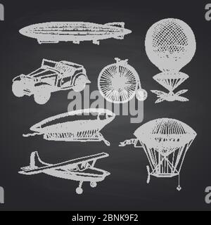 Vector set of steampunk hand drawn dirigibles, bicycles Stock Vector