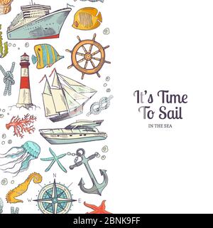 Vector sketched colored sea banner elements Stock Vector