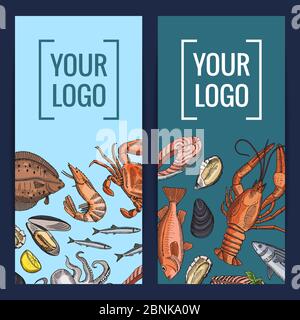 Vector card or flyer templates with colored hand drawn seafood elements Stock Vector
