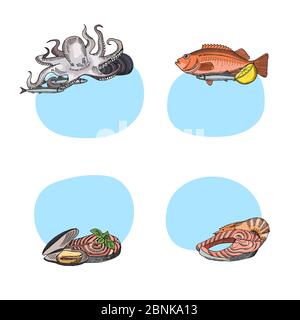 Vector stickers hand drawn seafood Stock Vector