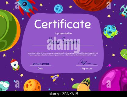 Vector children diploma or certificate with cartoon space planets Stock Vector