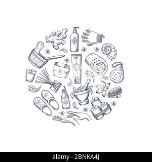 Vector hand drawn spa elements in circle shape illustration Stock Vector