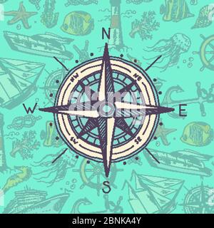 Vector colored and sketched compass Stock Vector