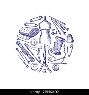 Vector hand drawn sewing elements illustration Stock Vector