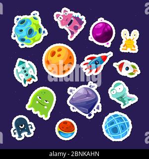 Vector cartoon space planets and ships stickers set Stock Vector