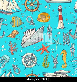 Vector colored sketched sea elements pattern or background Stock Vector