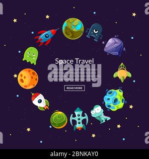 Vector cartoon space planets and ships Stock Vector