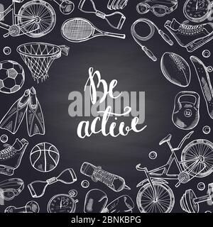 Vector hand drawn sports equipment contoured on chalkboard illustration Stock Vector