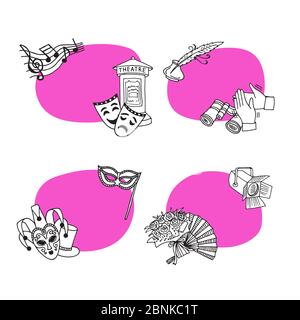 Vector set of stickers with doodle theatre elements Stock Vector