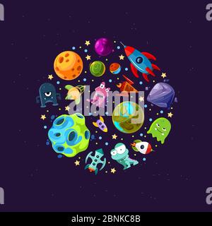 Vector cartoon space planets and ships Stock Vector