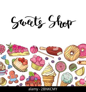Vector hand drawn colored sweets shop or confectionary Stock Vector