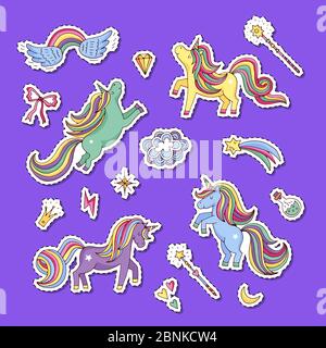 Vector cute hand drawn magic unicorns and stars stickers set illustration Stock Vector