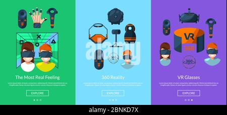 Vector horizontal slideshow template for tablet or website with flat style virtual reality elements Stock Vector