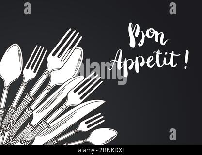 Vector illustration with hand drawn tableware on black background Stock Vector