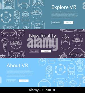 Vector banners illustration with linear style virtual reality elements Stock Vector