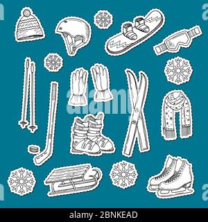 Vector hand drawn contoured winter sports equipment and attributes stickers Stock Vector