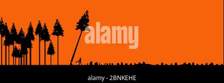 Clear cutting forests, use or abuse of natural resources is the topic of this illustration. Silhouetted trees, one being cut down are pictured next to Stock Vector
