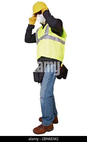 Construction Male Worker Wearing Safety Mask Hard Hat Reflective Vest And Tool Belt. Stock Photo