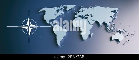 North Atlantic treaty organization, NATO sign symbol on earth globe map background, banner. 3d illustration Stock Photo