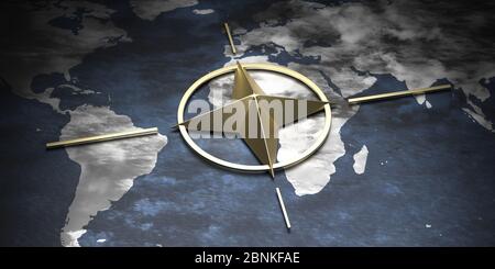 North Atlantic treaty organization, NATO gold metal sign symbol on earth globe map background. 3d illustration Stock Photo
