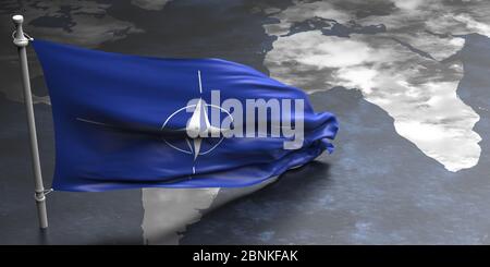 North Atlantic treaty organization flag, NATO sign symbol on earth globe map background. 3d illustration Stock Photo
