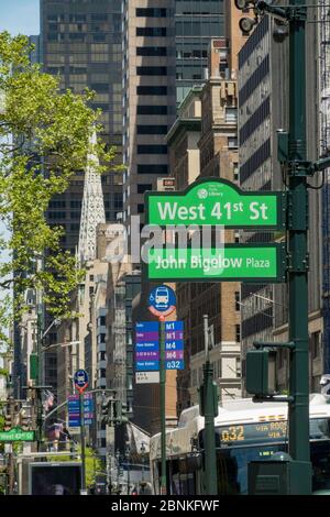 Street Signs on Fifth Avenue outside the main public library in Midtown Manhattan, New York City, USA Stock Photo