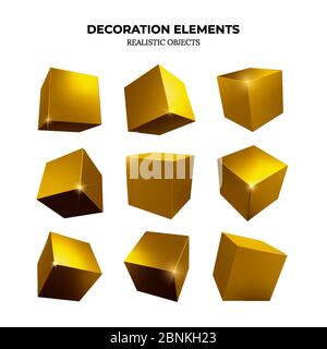 Gold Metallic Cubes. Square Realistic Geometric Shapes. Golden Decorative Design Elements Isolated on White. 3D Realistic Polygonal Element Objects in Yellow Color. Vector illustration. Stock Vector