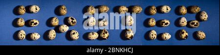 Word EASTER. Creative quail egg layout on blue background. Quail eggs pattern. Happy easter concept. Minimal design. Copy space, flat lay, from above. Stock Photo