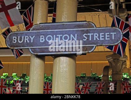 Bury Bolton Street traditional BR platform sign, ELR, East Lancs Railway, Bury, Lancashire, England, UK,  BL9 0EY Stock Photo