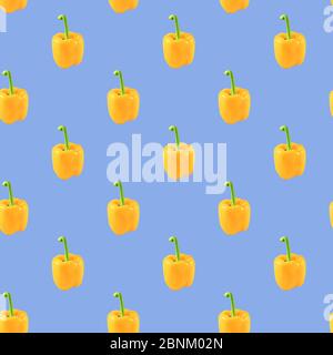 Ugly yellow square bell pepper seamless pattern on blue background. Stock Photo