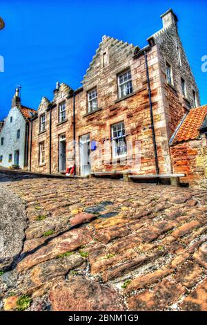 Town of Crail, Scotland. Picturesque view of the cobbled King Street, near the fishing harbour in the Scottish town of Crail. Stock Photo