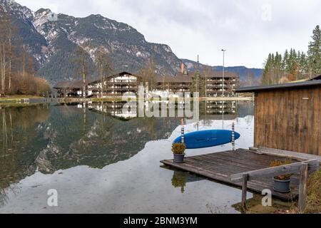 Europe, Germany, Bavaria, Bavarian Alps, Garmisch-Partenkirchen, Riessersee Hotel am Riessersee Stock Photo