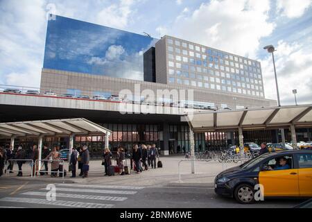 Facade of the Barcelona Sans railway station Stock Photo