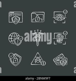 Security system chalk white icons set on black background. Personal information and online banking protection. Eye and fingerprint scanner. Isolated vector chalkboard illustrations Stock Vector