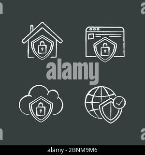 Internet security system chalk white icons set on black background. Smart home lock. Cloud computing safety. Personal information protection. Isolated vector chalkboard illustrations Stock Vector
