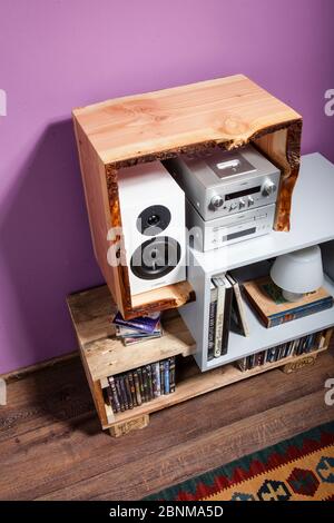 Construction of a shelf made of wood, Euro pallet, solid wood, MDF board; Do-it-yourself production step-by-step, final photo 03 in the living room in front of a purple wall on a wooden floor Stock Photo
