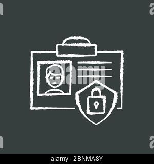 ID security chalk white icon on black background. Personal information encryption. Identification card protection. Biometric passport. Company worker access. Isolated vector chalkboard illustration Stock Vector