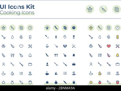 Cooking UI icons kit. Meal preparation thin line, glyph and color vector symbols set. Dinner recipe. Fork and plate. Food mobile app buttons in mint circles pack. Web design elements collection Stock Vector
