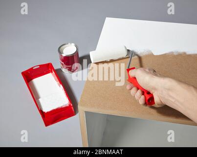 Construction of a shelf made of wood, Euro pallet, solid wood, MDF board; Do-it-yourself production, step-by-step, step 12 Prime the MDF body with primer and foam roller Stock Photo