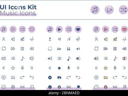 Music UI icons kit. Audio player thin line, glyph and color vector symbols set. Mute and repeat sound. Multimedia mobile app buttons in violet circles pack. Web design elements collection Stock Vector