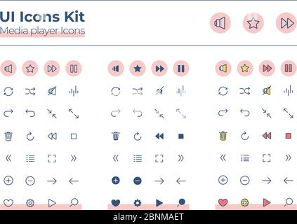 Media player UI icons kit. Audio settings thin line, glyph and color vector symbols set. Play and stop sound. Multimedia mobile app buttons in pink circles pack. Web design elements collection Stock Vector