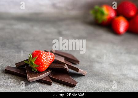 Pieces of dark chocolate with strawberry isolated. More strawberries in the corner on a grey background. Copy space, close up Stock Photo