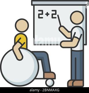 Inclusive education RGB color icon. Assistastance for person with disability. Handicapped student support program. Special class teacher. School accessibility for invalid. Isolated vector illustration Stock Vector